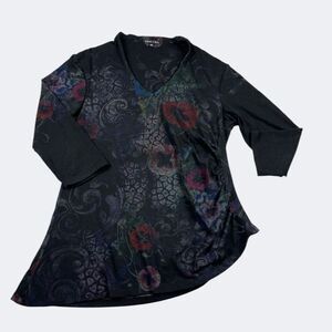 Boho Chic V-Neck Knit Top Paisley Asymmetric Hem 3/4 Sleeve Stretch Shirt XL USA